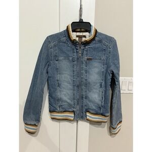 Split Denim Jean Jacket Full Zip Lined Ribbed Waist Cuff Collar Women's Medium